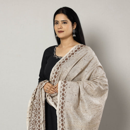 Beige - Bengal Kantha Embroidery Tussar Silk Handloom Dupatta