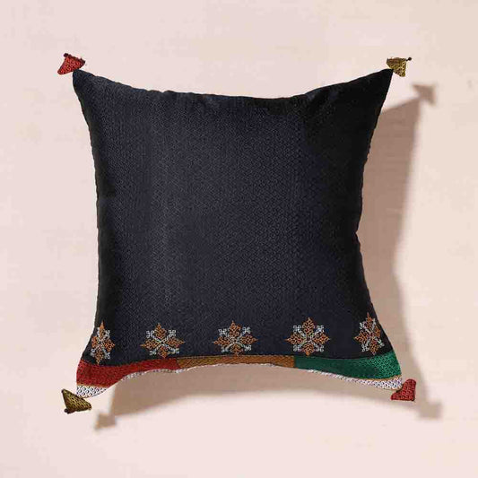 Black - Gavanti Kasuti Hand Embroidered Khun Fabric Cushion Cover (16 x 16 in)