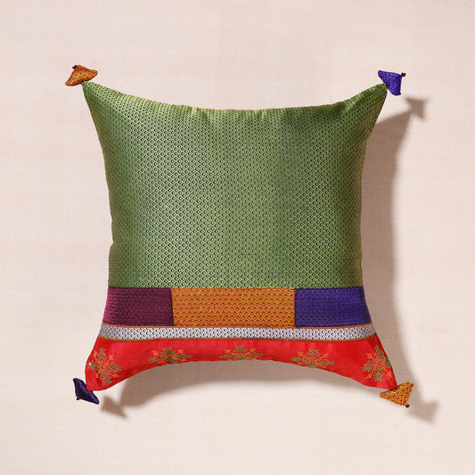 Green - Gavanti Kasuti Hand Embroidered Khun Fabric Cushion Cover (16 x 16 in)