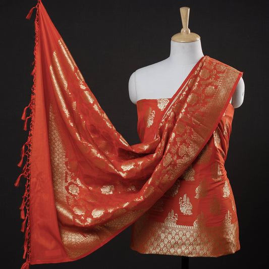 Orange - 3pc Banarasi Jaal & Buti Cutwork Zari Work Silk Suit Material Set