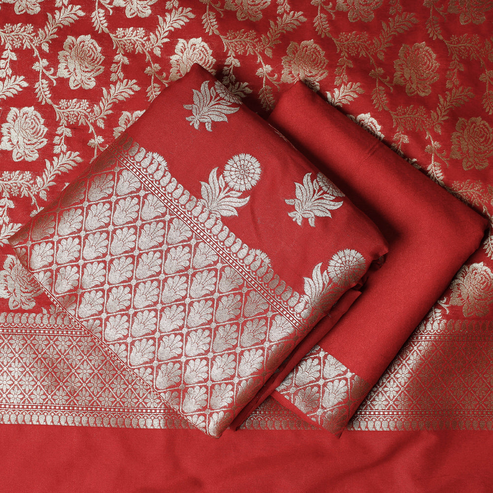 Red - 3pc Banarasi Jaal & Buti Cutwork Zari Work Silk Suit Material Set