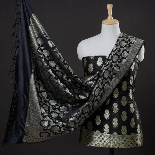 Black - 3pc Banarasi Jaal & Buti Cutwork Zari Work Silk Suit Material Set