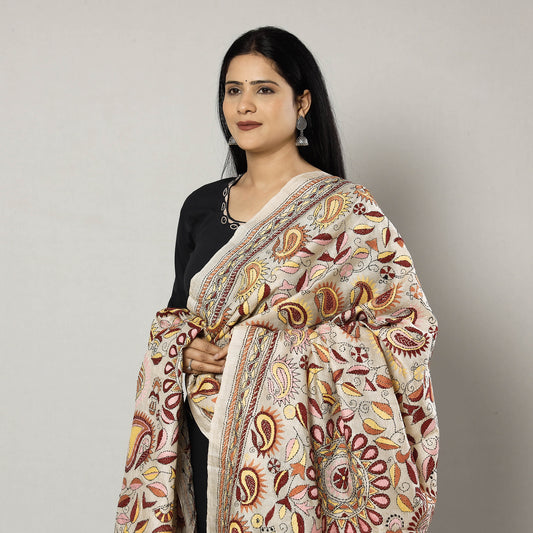 Beige - Bengal Kantha Embroidery Tussar Silk Handloom Dupatta