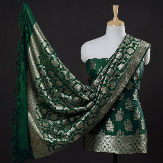 Green - 3pc Banarasi Jaal & Buti Cutwork Zari Work Silk Suit Material Set