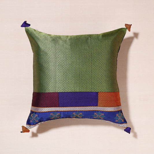 Green - Gavanti Kasuti Hand Embroidered Khun Fabric Cushion Cover (16 x 16 in)