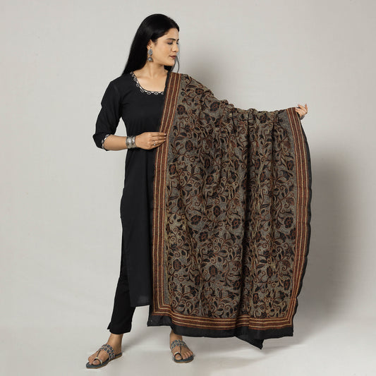 Black - Bengal Nakshi Kantha Embroidery Tussar Silk Handloom Dupatta