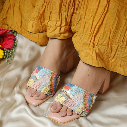Carnation Peach Heels Handstitched Embroidered Sandal