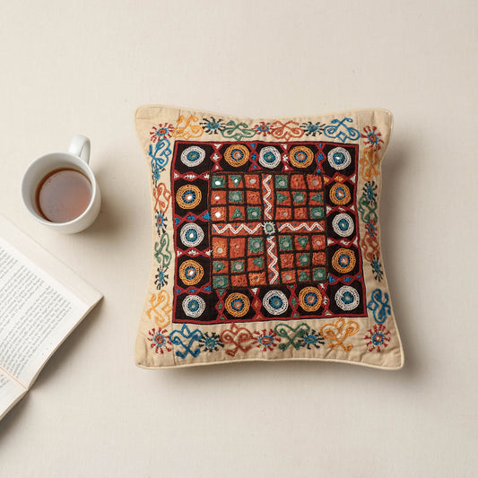 Multicolor - Kala Raksha Rabari Hand Embroidered Pure Cotton Cushion Cover