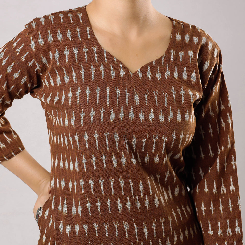 Brown Ikat Weave Cotton Long Kurta