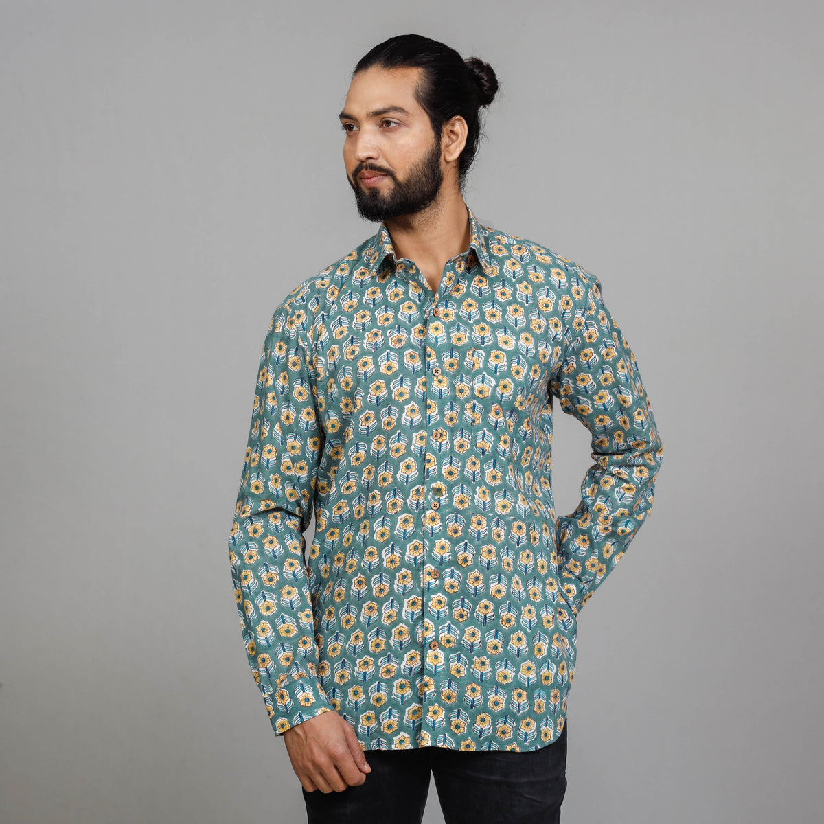 Green - Men Sanganeri Block Printing Cotton Full Sleeve Shirt