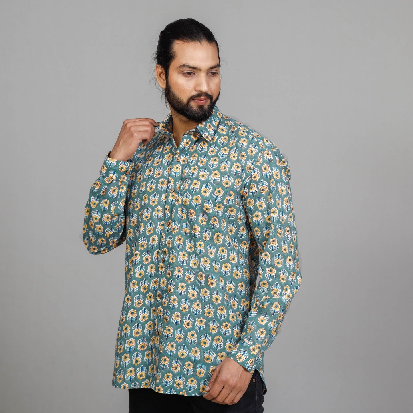 Green - Men Sanganeri Block Printing Cotton Full Sleeve Shirt