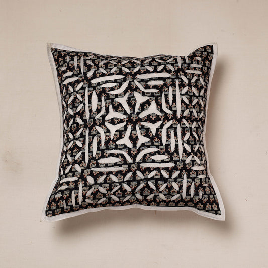 Black - Applique Cut Work Cotton Cushion Cover (16 x 16 in)