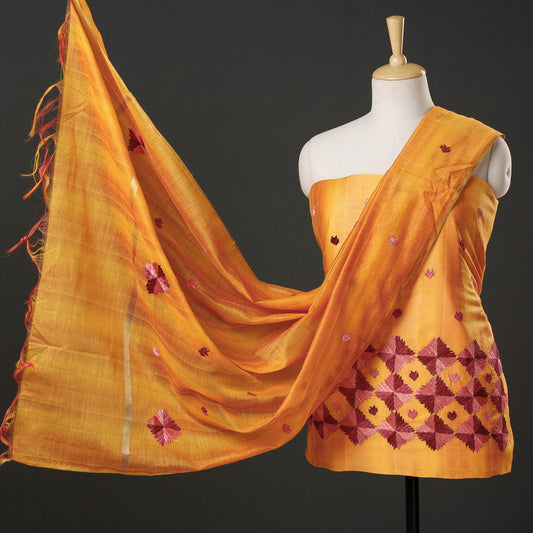 Orange - 3pc Phulkari Embroidered Silk Cotton Suit Material Set