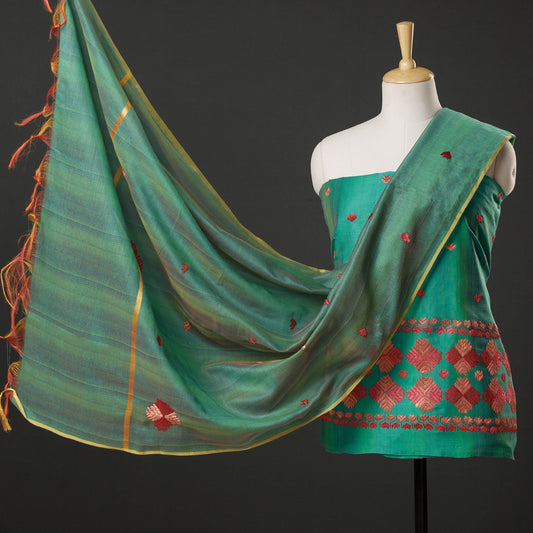 Green - 3pc Phulkari Embroidered Silk Cotton Suit Material Set