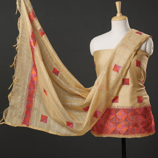 Beige - 3pc Phulkari Embroidered Silk Cotton Suit Material Set