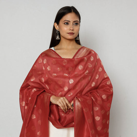 Red - Banarasi Silk Handwoven Zari Buti Dupatta with Tassels
