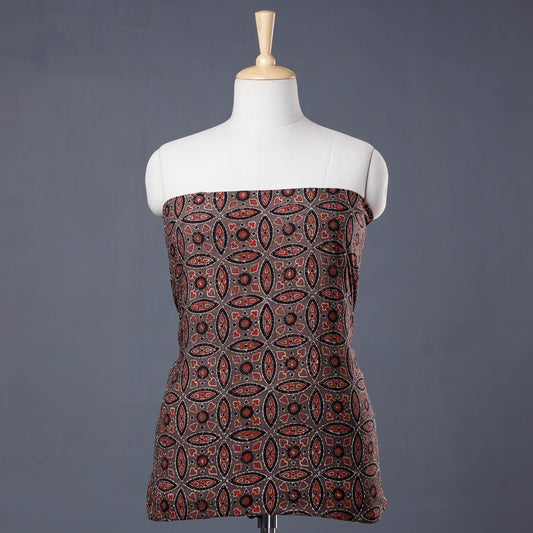 Brown - Special Tagai Work Ajrakh Block Print Cotton Kurti Material - 2.2 meter