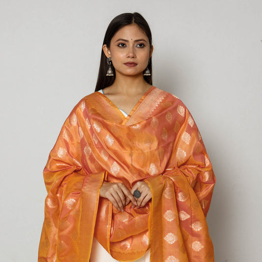 Orange - Banarasi Silk Handwoven Zari Buti Dupatta with Tassels