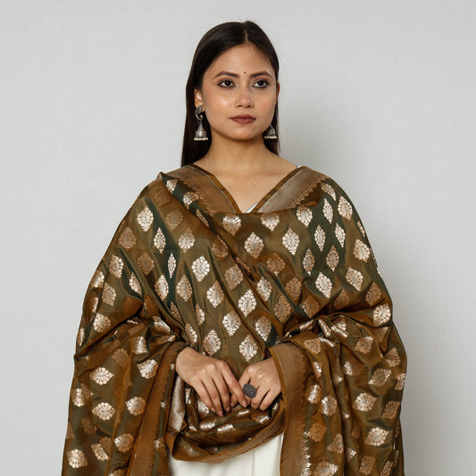 Brown - Banarasi Silk Handwoven Zari Buti Dupatta with Tassels