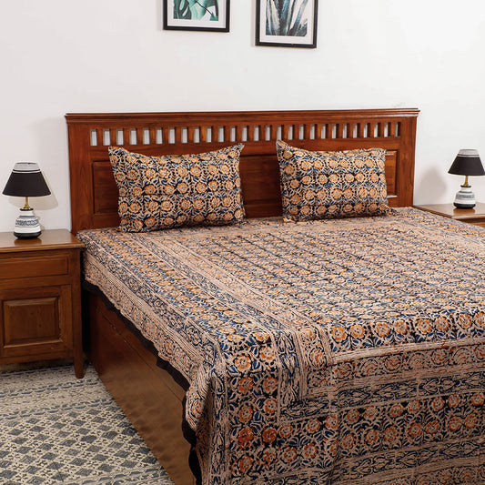 Black - Kalamkari Block Printed Cotton Double Bed Cover with Pillow Covers (108 x 90 in)