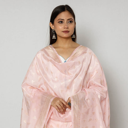Pink - Banarasi Silk Handwoven Zari Buti Dupatta with Tassels