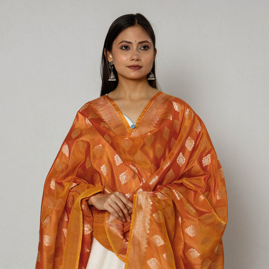Orange - Banarasi Silk Handwoven Zari Buti Dupatta with Tassels