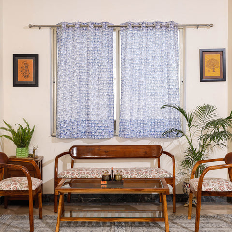 Blue - Sanganeri Block Print Cotton Window Curtain (5 x 3.3 feet) (single piece)