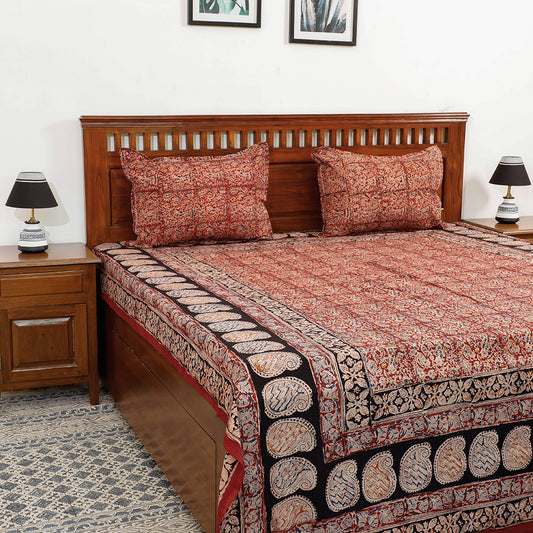 Red - Kalamkari Block Printed Cotton Double Bed Cover with Pillow Covers (108 x 90 in)