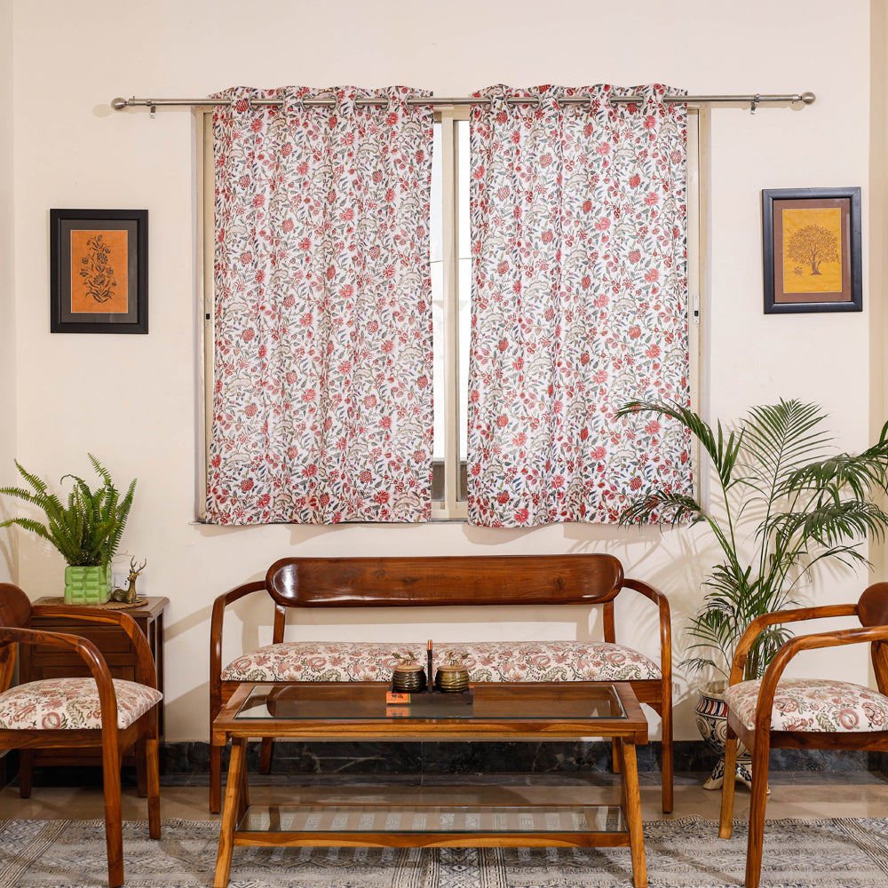 White - Sanganeri Block Print Cotton Window Curtain (5 x 3.3 feet) (single piece)