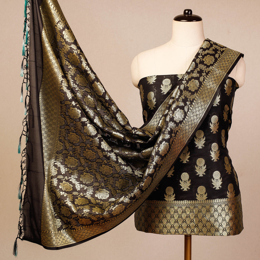 Black - 3pc Banarasi Jaal & Buti Cutwork Silk Zari Work Suit Material Set