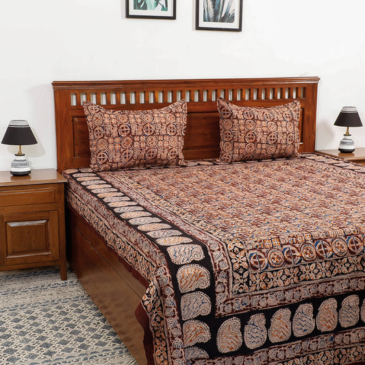 Maroon - Kalamkari Block Printed Cotton Double Bed Cover with Pillow Covers (108 x 90 in)