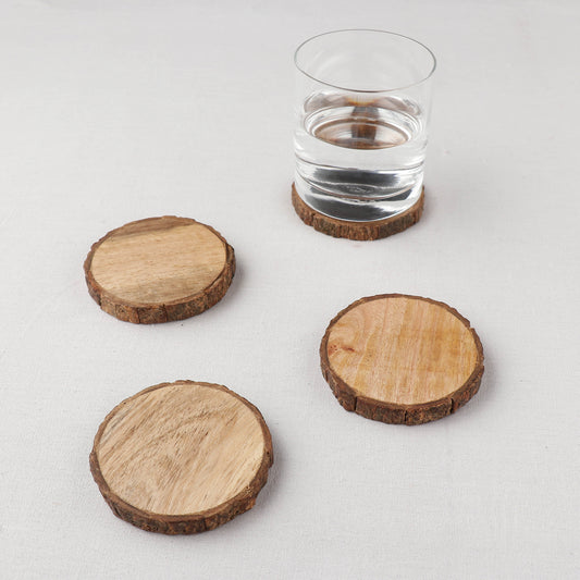 Set of 4 - Hand Carved Natural Neem Wood Coasters (3 in)
