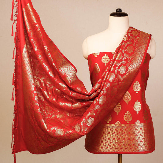 Red - 3pc Banarasi Jaal & Buti Cutwork Silk Zari Work Suit Material Set