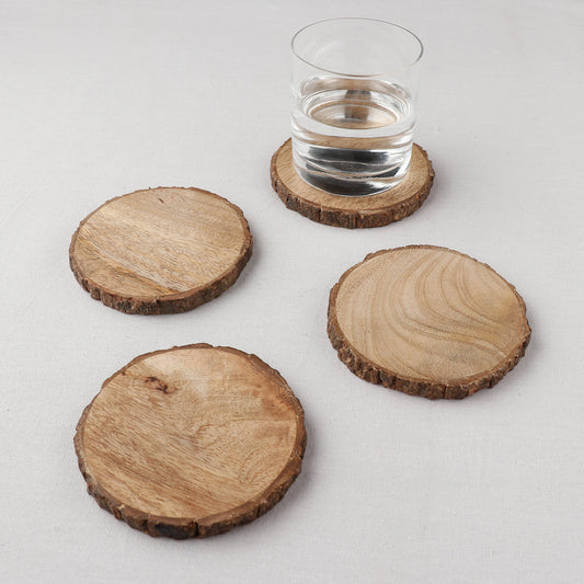 Set of 4 - Hand Carved Natural Neem Wood Coasters (4 in)