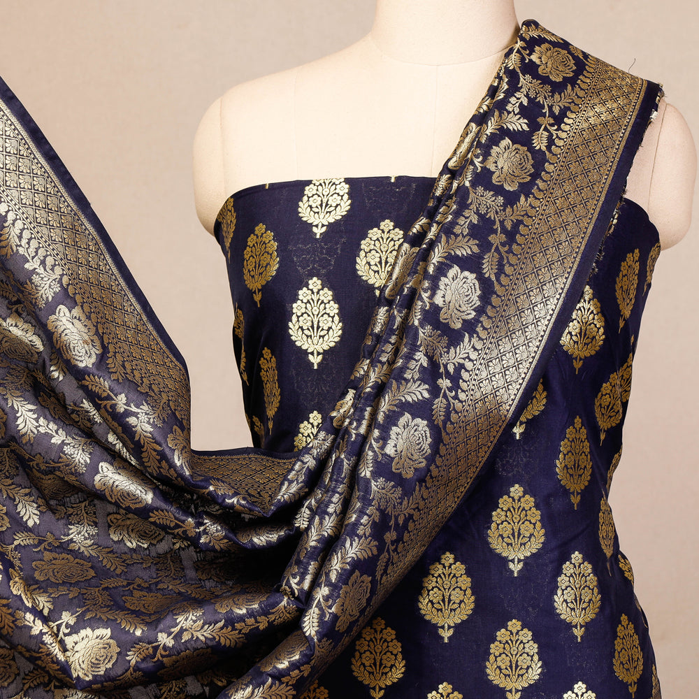 Blue - 3pc Banarasi Jaal & Buti Cutwork Silk Zari Work Suit Material Set