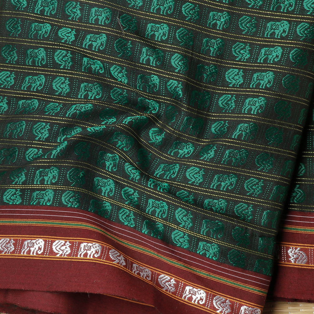 Green - Karnataka Khun Weave Elephant & Peacock Motif Cotton Fabric (Width - 43 in)