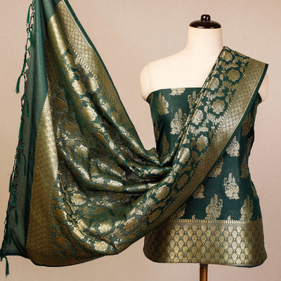 Green - 3pc Banarasi Jaal & Buti Cutwork Silk Zari Work Suit Material Set