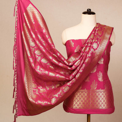 Pink - 3pc Banarasi Jaal & Buti Cutwork Silk Zari Work Suit Material Set