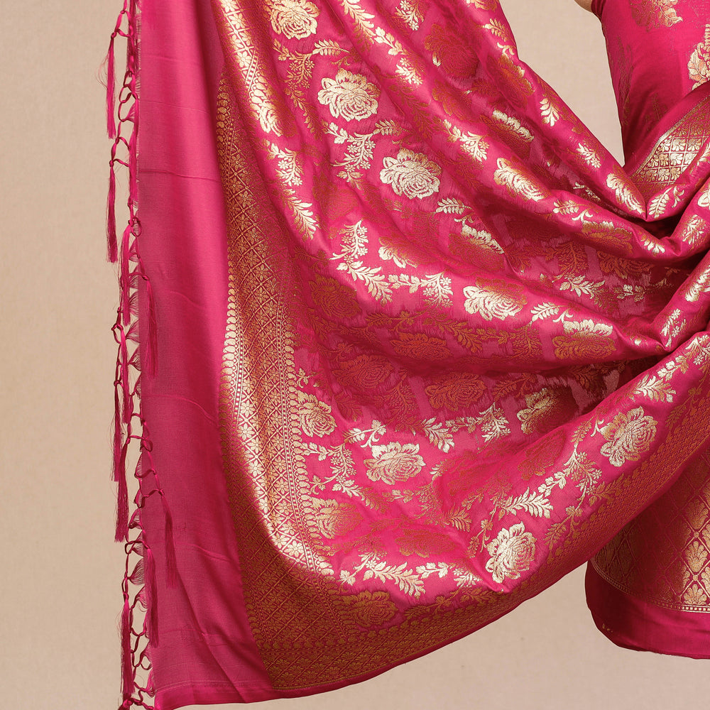 Pink - 3pc Banarasi Jaal & Buti Cutwork Silk Zari Work Suit Material Set
