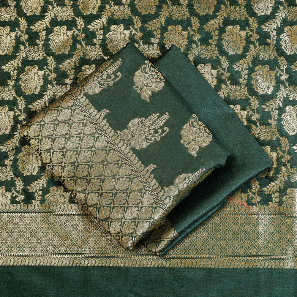 Green - 3pc Banarasi Jaal & Buti Cutwork Silk Zari Work Suit Material Set