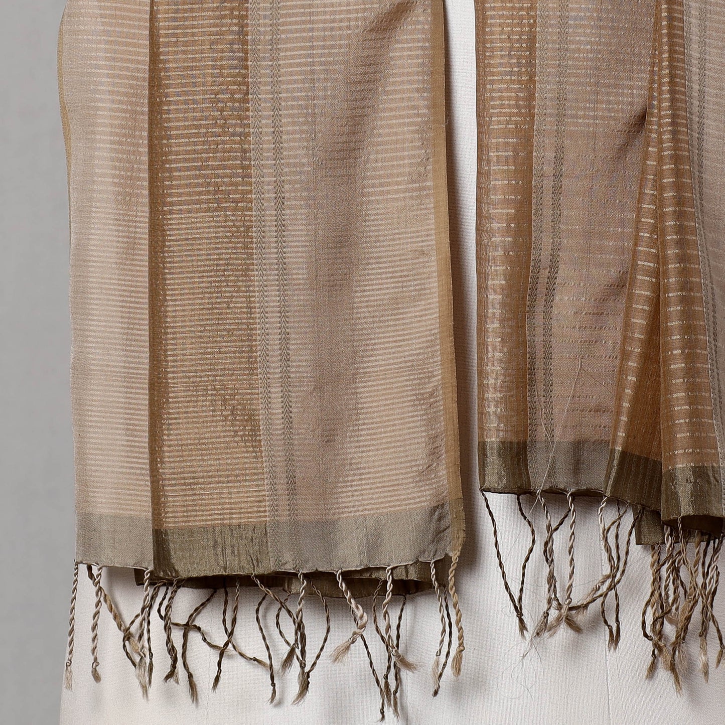 Brown - Traditional Mulberry Silk Handloom Stole with Tassels