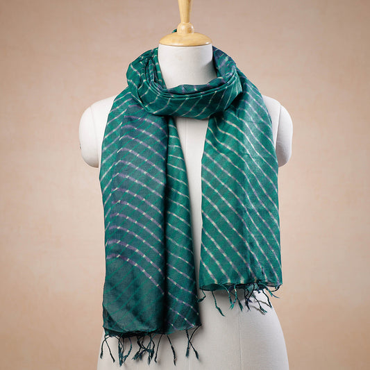 Green - Leheriya Tie-Dye Mothra Tussar Silk Handloom Stole with Tassels