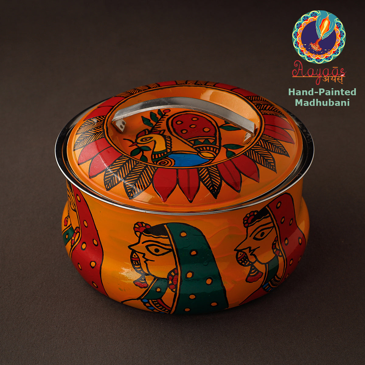 Yellow - Godna Madhubani Handpainted Stainless Steel Casserole 24