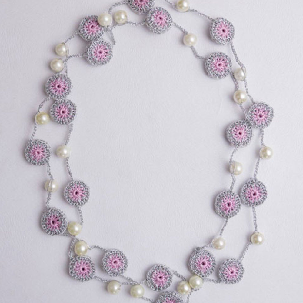 Samoolam Handmade Crochet Nakshatra Tikki Necklace ~ Silver Pink