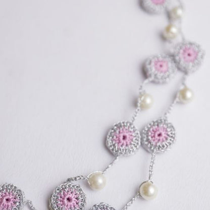 Samoolam Handmade Crochet Nakshatra Tikki Necklace ~ Silver Pink