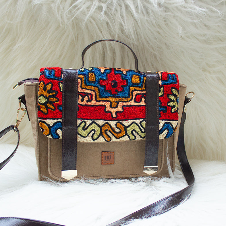 Brown - Nakashi Hand Embroidery Suede Satchel Sling Bag