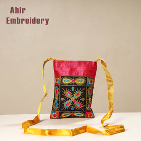 Black Kutch Ahir Embroidery Mashru Silk Sling Bag