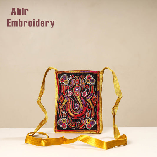 Yellow - Kutch Ahir Embroidery Mashru Silk Sling Bag