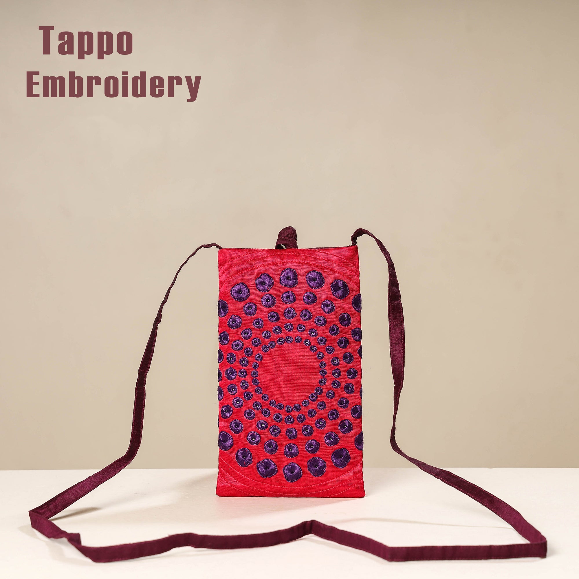 Pink Kutch Tappo Embroidery Mashru Silk Mobile Sling Bag 