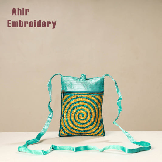 Blue - Kutch Ahir Embroidery Mashru Silk Sling Bag